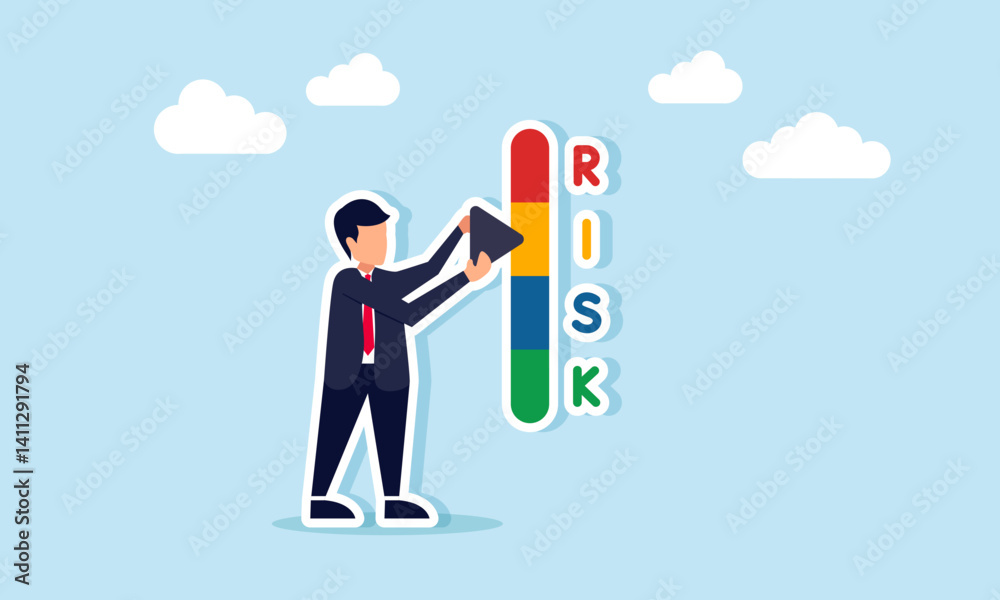 Fototapeta premium Businessman adjusts the RISK indicator, illustration of aligning business decisions with their associated risks