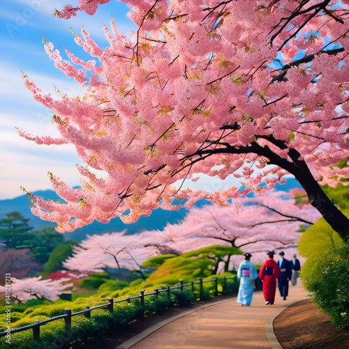 cherry blossom in japan, Vibrant pink cherry blossoms in full bloom, set against a serene blue spring sky, with delicate petals gently swaying in the breeze, amidst lush green foliage