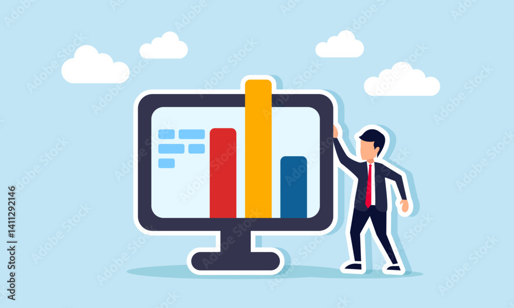 Businessman stands next to a monitor displaying a graph, illustration of monitoring business performance report digitally Businessman stands next to a monitor displaying a graph, illustration of monitoring business performance report digitally