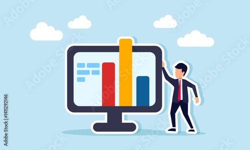 Businessman stands next to a monitor displaying a graph, illustration of monitoring business performance report digitally