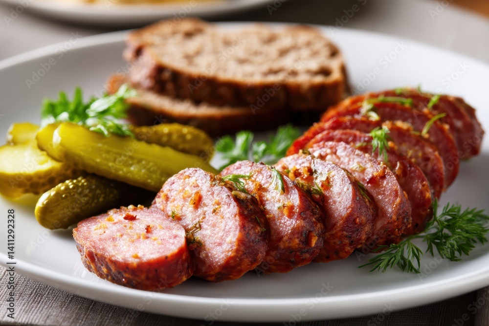 Appetizing sausage slices with pickles and bread served on white plate delicious food photography Appetizing sausage slices with pickles and bread served on white plate delicious food photography