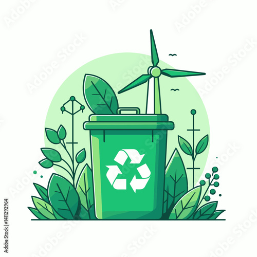 Green recycling bin surrounded by leaves and wind turbine  