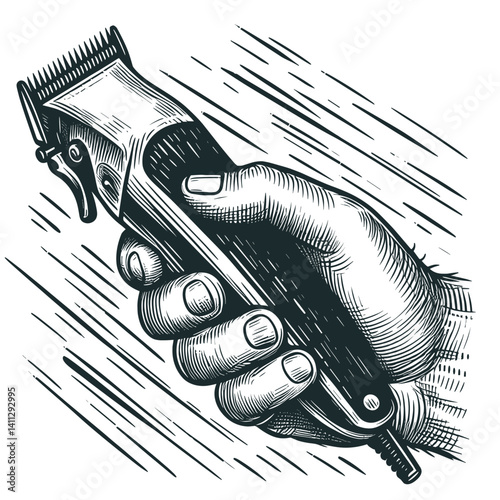 Hand holding hair clippers in motion against a dynamic background  