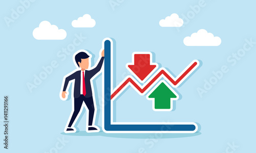 Businessman stands beside a line chart with up and down arrows, illustration of business product purchase performance fluctuation