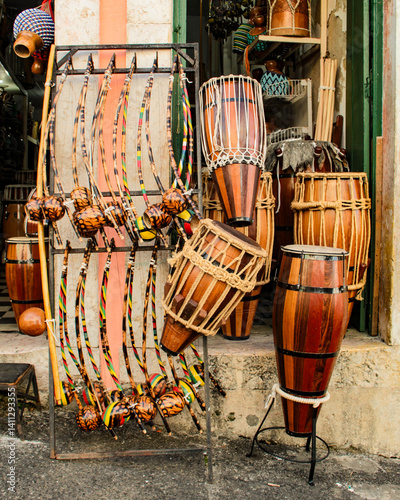 Some atabaques and berimbaus, percussion musical instruments, used in Afro-Brazilian cultural expressions, city of Salvador, Bahia, northeastern Brazil