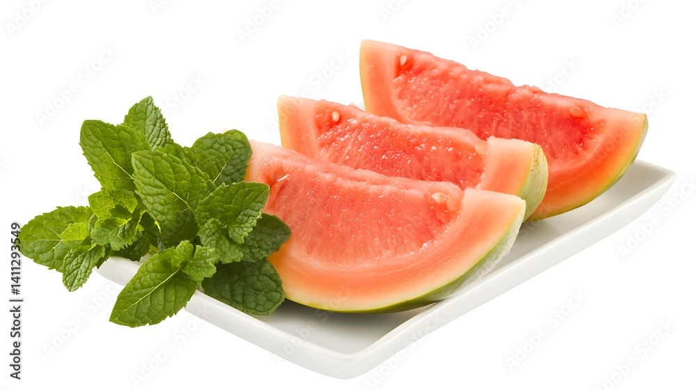 Three juicy watermelon slices arranged on a white plate, garnished with fresh mint leaves. Perfect for summer refreshment and healthy eating. Three juicy watermelon slices arranged on a white plate, garnished with fresh mint leaves. Perfect for summer refreshment and healthy eating.