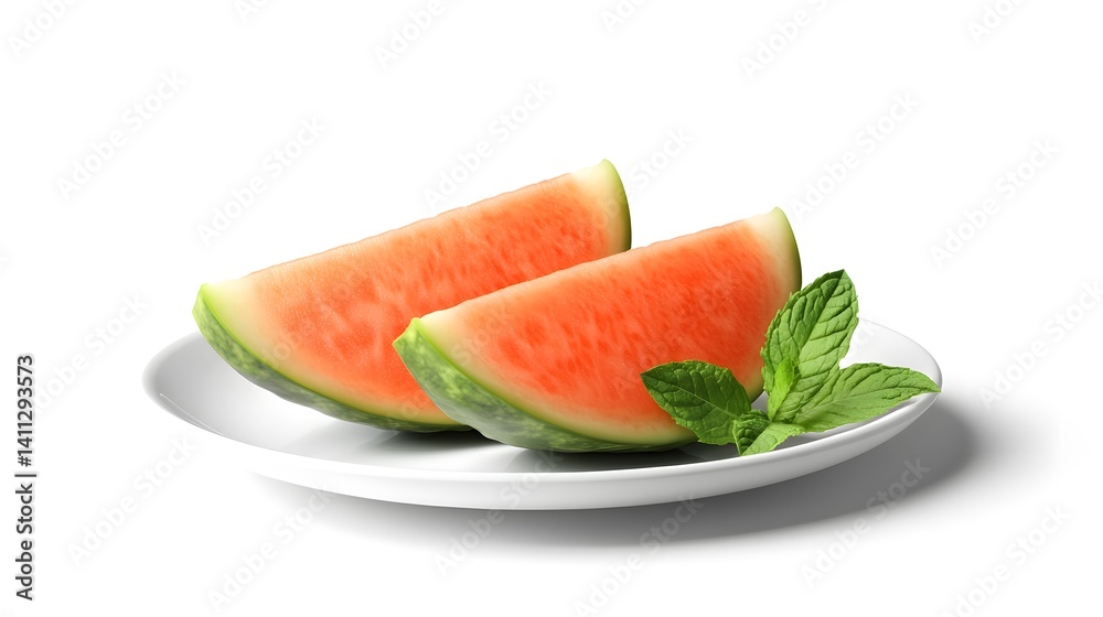 Two juicy watermelon slices on a white plate, garnished with fresh mint leaves. Perfect for summer, healthy eating, and refreshing desserts. Two juicy watermelon slices on a white plate, garnished with fresh mint leaves. Perfect for summer, healthy eating, and refreshing desserts.