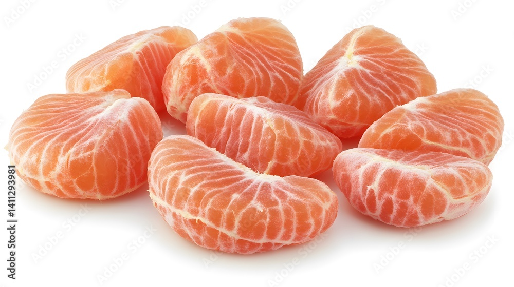 Close-up shot of several peeled mandarin orange segments, showcasing their juicy texture and vibrant color against a clean white background. Perfect for healthy eating or recipe contexts. Close-up shot of several peeled mandarin orange segments, showcasing their juicy texture and vibrant color against a clean white background. Perfect for healthy eating or recipe contexts.
