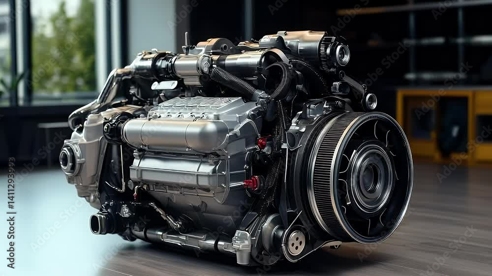 Detailed shot of a complex engine with intricate components, showcasing precision engineering and design Detailed shot of a complex engine with intricate components, showcasing precision engineering and design