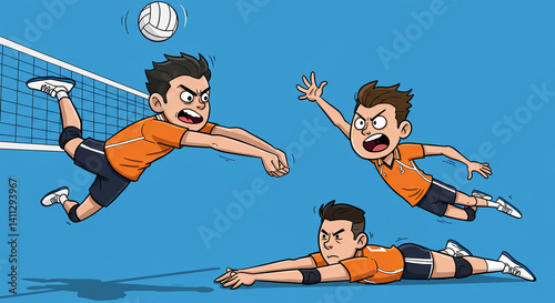 illustrations of funny volleyball players in exaggerated actions