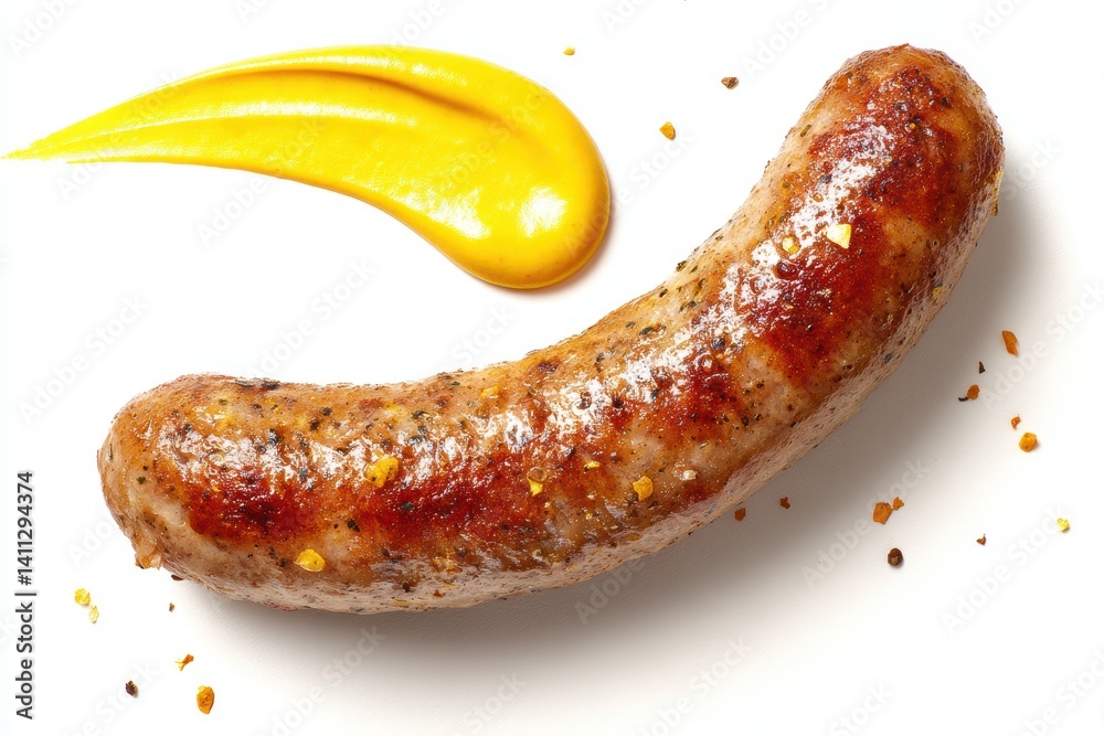 Appetizing cooked sausage served with a swirl of vibrant yellow mustard against a pristine white backdrop Appetizing cooked sausage served with a swirl of vibrant yellow mustard against a pristine white backdrop