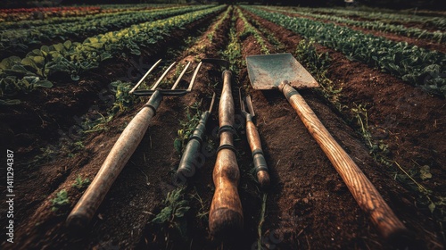 Rustic farming implements on rich soil with rows of green crops in the vibrant natural sunlight photo