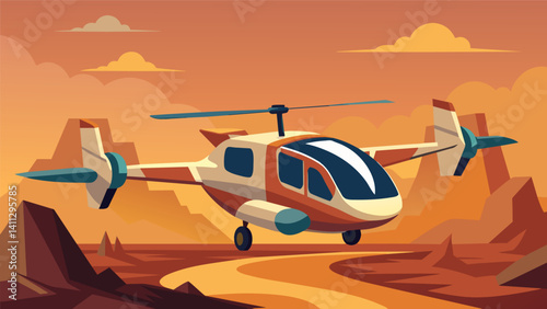 With its distinctive design and electricpowered motors an air taxi zooms over a remote desert showcasing the potential for sustainable travel in isolated areas.. Vector illustration