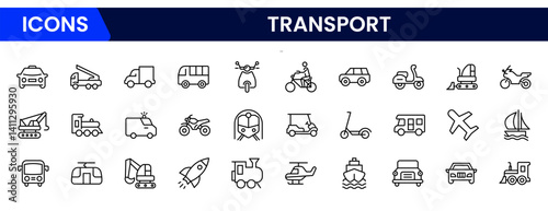 Transport icon set. Containing car, bike, plane, train, bicycle, motorbike, bus, and scooter icons. line icon collection.