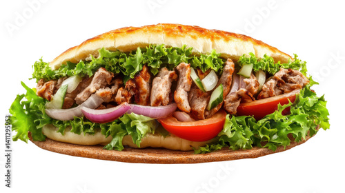 Delicious Doner Kebab Sandwich: A close-up of a mouthwatering doner kebab sandwich with grilled meat, fresh vegetables, and flavorful sauce, perfectly nestled in a soft pita bread.