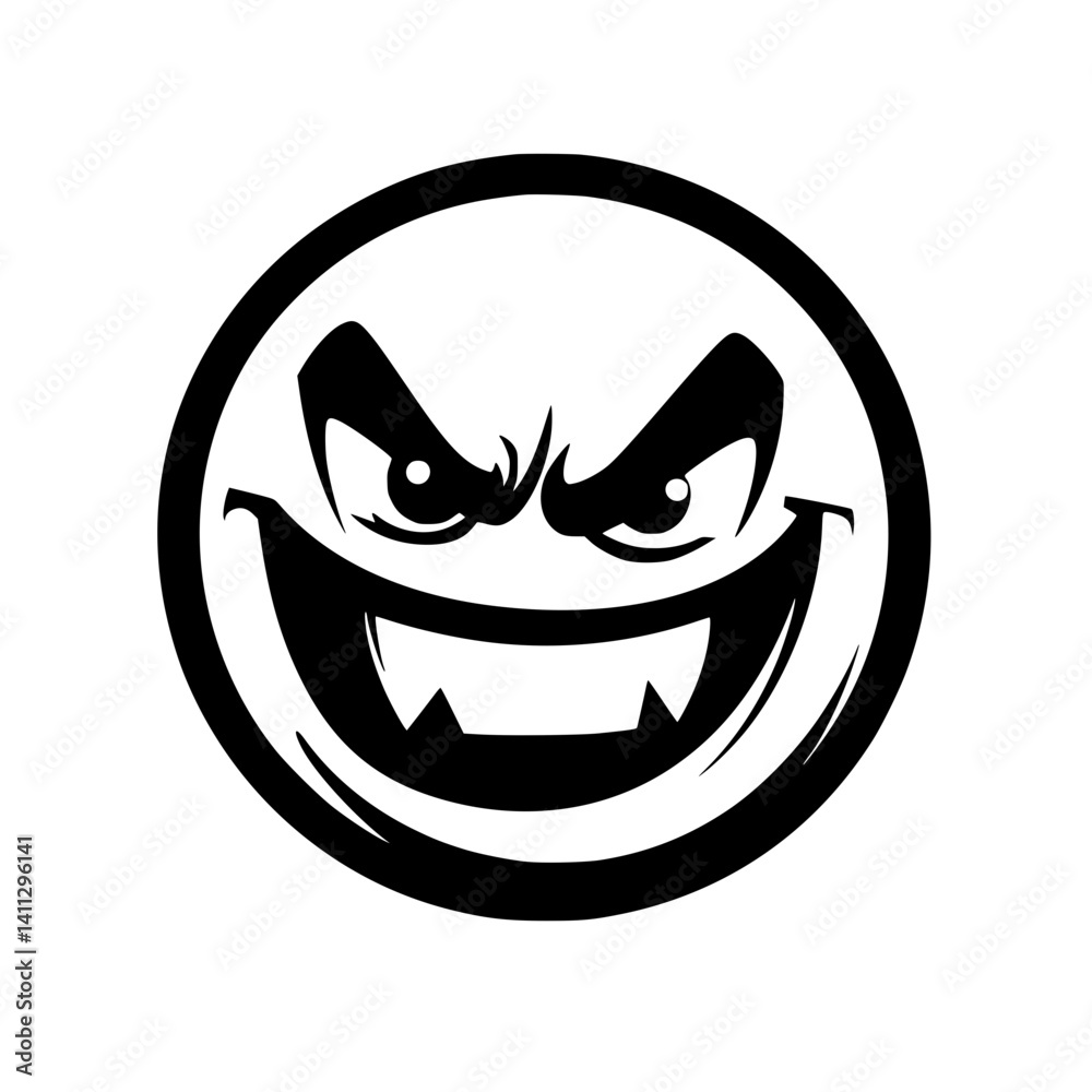 Evil Grinning Face Emoticon Vector Art, Black and white vector illustration of a sinister grinning face with sharp eyes and exaggerated teeth inside a circle.
Evil Grinning Face Emoticon Vector Art, Black and white vector illustration of a sinister grinning face with sharp eyes and exaggerated teeth inside a circle.