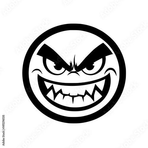 Evil Grinning Face Emoticon Vector Art, Black and white vector illustration of a sinister grinning face with sharp eyes and exaggerated teeth inside a circle.

