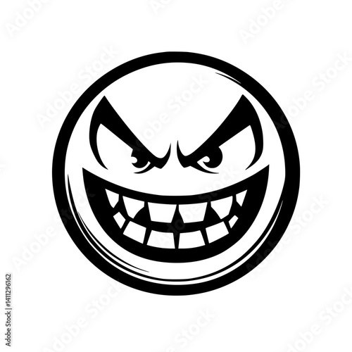Evil Grinning Face Emoticon Vector Art, Black and white vector illustration of a sinister grinning face with sharp eyes and exaggerated teeth inside a circle.

