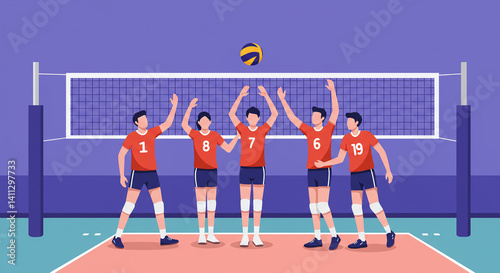 commemorative illustration of a volleyball team lifting the trophy under the stadium lights