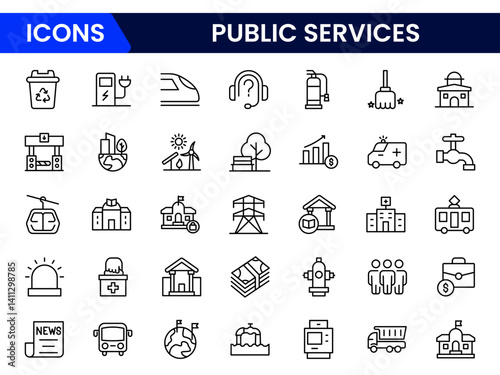 Public Services, service. Set of line icons in linear style. Electricity, water supply, gas supply, drainage, garbage removal, major repairs, heating, cold, hot water. Outline conceptual pictogram