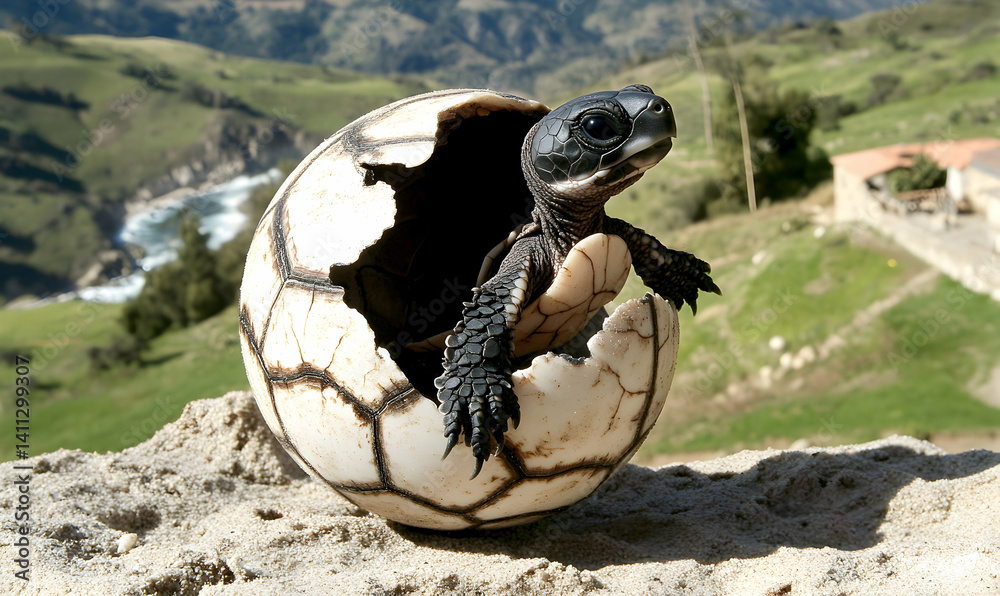 Adorable baby turtle hatching from a cracked eggshell resembling a soccer ball, scenic mountain backdrop. Adorable baby turtle hatching from a cracked eggshell resembling a soccer ball, scenic mountain backdrop.