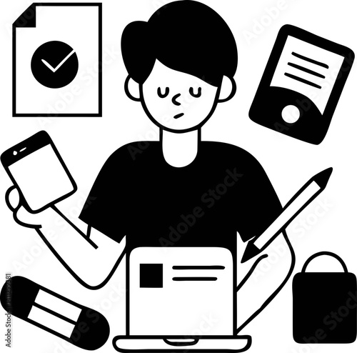 person multitasking with various digital devices and documents, illustrating busy and productive lifestyle. image includes laptop, smartphone, tablet, and paperwork, symbolizing modern work