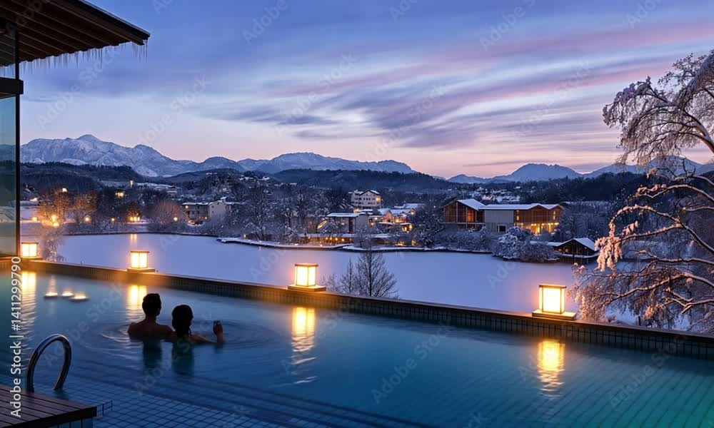 Couple in winter pool at twilight, Couple relaxing in heated outdoor pool during winter twilight. Snowy village, icy lake, and mountains in background. Concept: winter luxury, relaxation, alpine trave