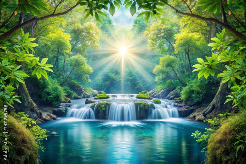 Fototapeta premium Serene Waterfall in Lush Green Forest