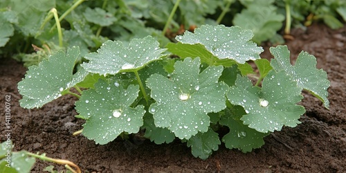 Lush Green Plants with Dew Drops After Rain Vibrant Nature