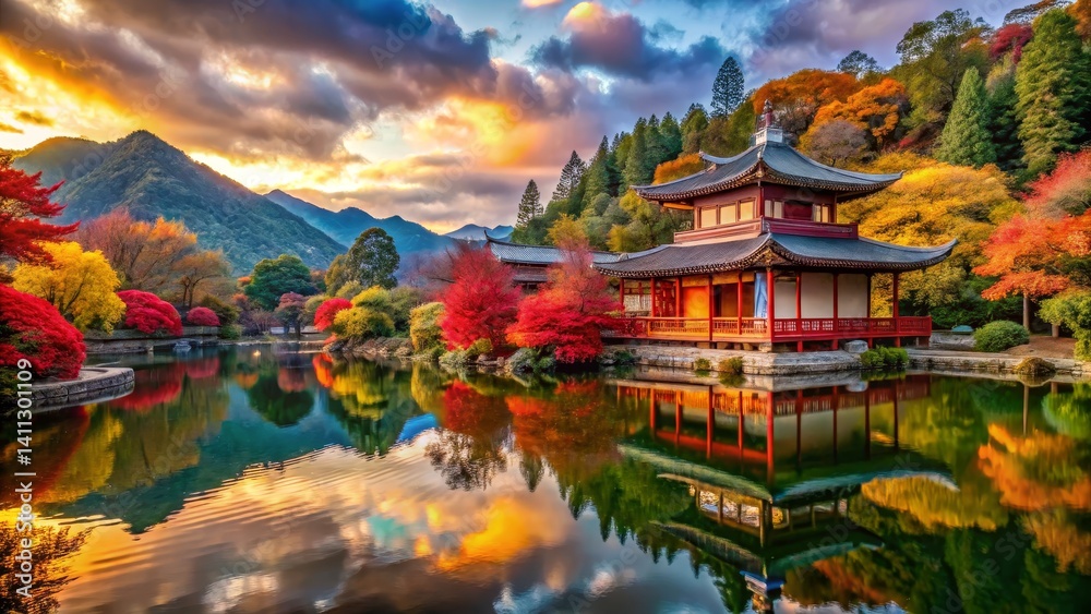 Naklejka premium Pagoda Reflection in Autumn Landscape