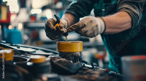 A mechanic performing an oil change on a car in a garage. Featuring skill and precision