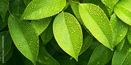 Lush Green Leaves with Dew Drops Nature s Freshness Close Up