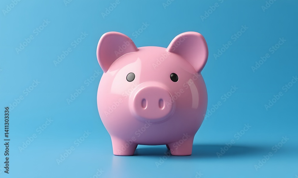 A pink piggy bank is on blue surface. A pink piggy bank is on blue surface.