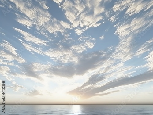 Serene sunset over calm ocean with wispy clouds.