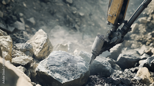 Miner breaking rocks with a pneumatic drill at a quarry. Featuring rock-breaking and quarry work