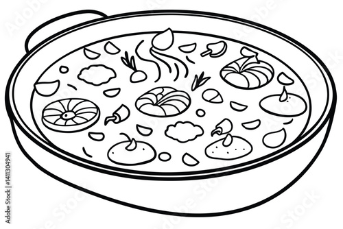 paella line art detailed drawing of a delicious meal.