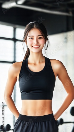 日本人 アジア人 女性 美しい 筋肉 パーソナル トレーナー スマイル ジム バストショット 黒 灰色 白 背景