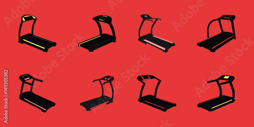Sleek Black Treadmill Silhouettes on Red Background