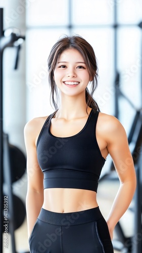 日本人 アジア人 女性 美しい 筋肉 パーソナル トレーナー スマイル ジム バストショット 黒 灰色 白 背景