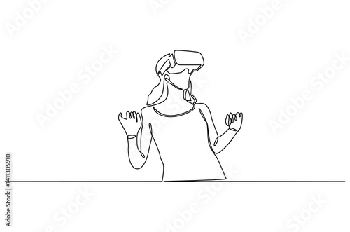 Continuous one line drawing of Young woman use VR glasses. Single line drawing illustration of Woman with VR headset. Technology concept vector art. Doodle line illustration.