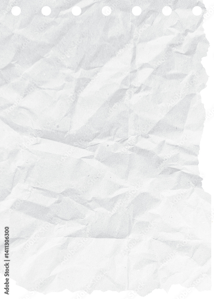 Fototapeta premium Crumpled white torn ripped notepaper sheet texture isolated on transparent background. Crumpled blank paper texture with torn edges
