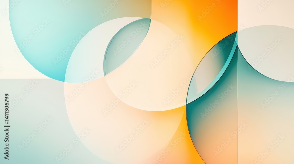Abstract composition featuring overlapping circles and geometric shapes in soft pastel colors