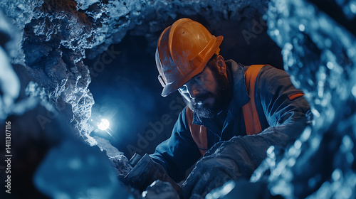 Miner wearing protective gear drilling for mineral samples in a mine shaft. Featuring drilling and sample collection photo