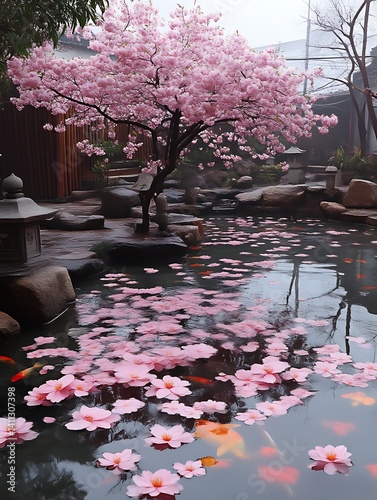 Serene Japanese garden with cherry blossoms and koi pond.