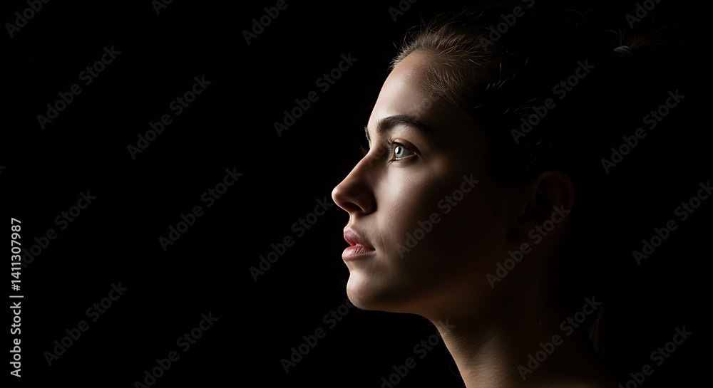 Fototapeta premium Profile Portrait of a Woman with Dramatic Lighting on Black Background