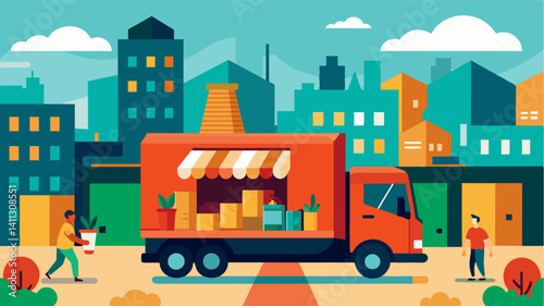In a bustling urban center the truck navigates through crowded streets delivering food aid to those who may have been overlooked in other distribution efforts.. Vector illustration