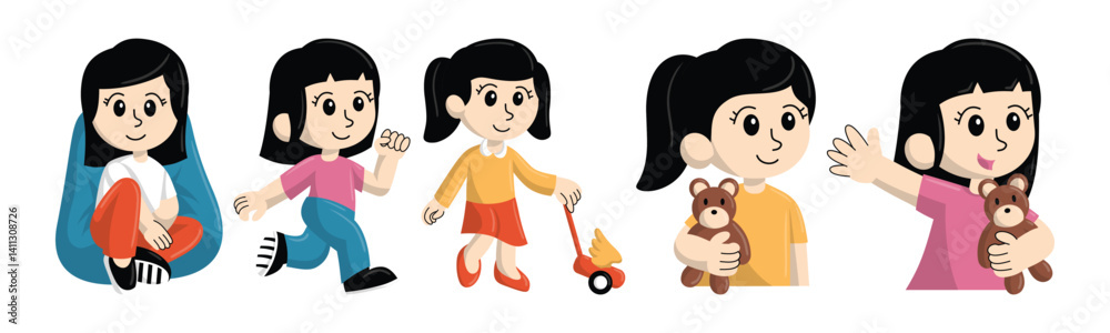 Illustration of an animated girl in different poses, displaying everyday childhood activities with cheerful and playful elements. Illustration of an animated girl in different poses, displaying everyday childhood activities with cheerful and playful elements.