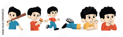 Illustration of a cartoon boy in various poses and emotions, playing baseball, catching a butterfly, running, lying down, and looking anxious.