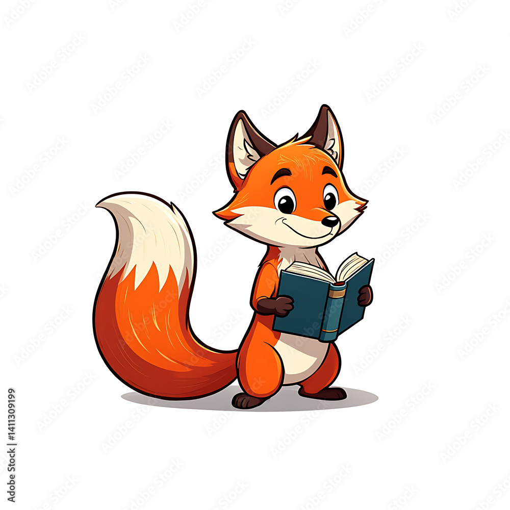 Obraz premium A cartoon fox standing and reading a blue book with a smile on a white background