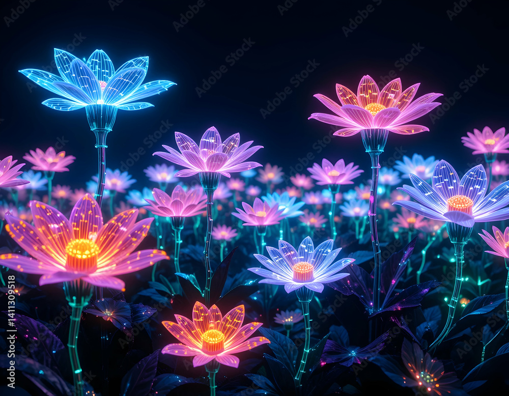 Glowing Flowers in a Field at Night with Colorful Illumination Glowing Flowers in a Field at Night with Colorful Illumination
